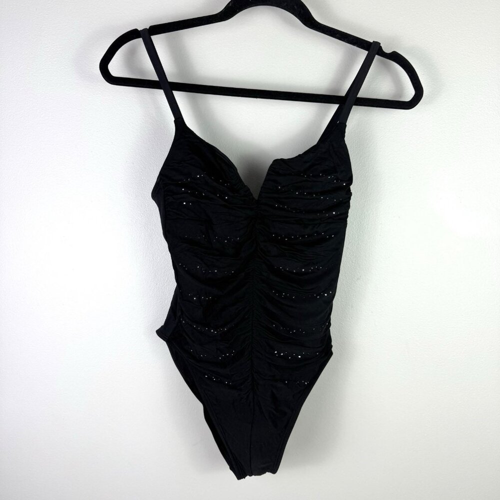 St John Swim Ruched Black One Piece Swimsuit Rhinestone Embellished Size 4 glam